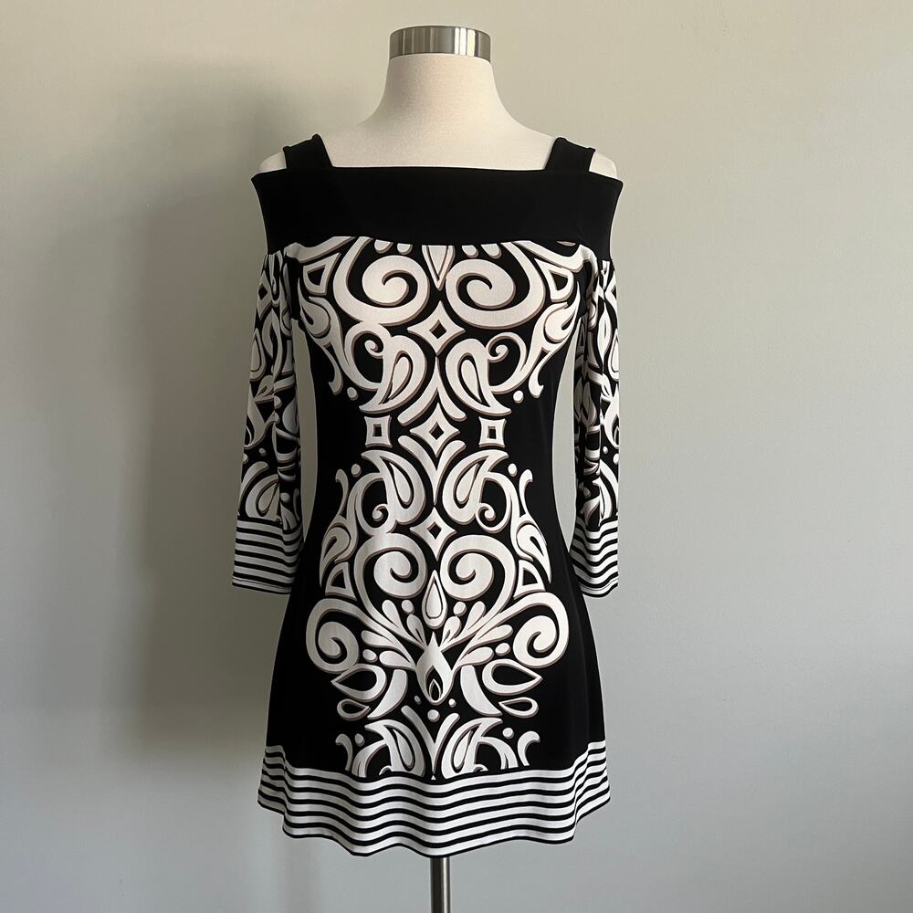 Cache Swirl Striped Cold Shoulder Tunic Dress XS Black Beige
